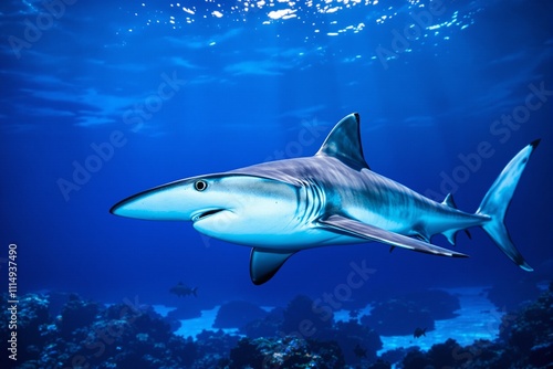 Graceful Blue Shark Swimming in Clear Ocean Waters photo