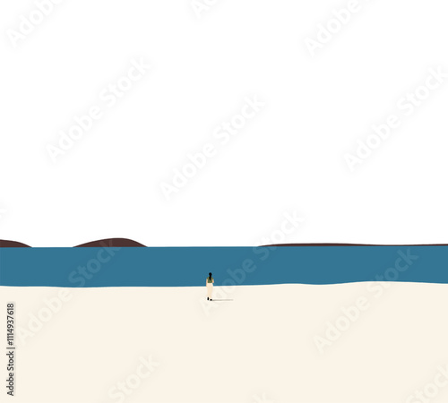 Woman standing alone on tropical beach during holiday vacation enjoying beautiful view. Calm and relax.