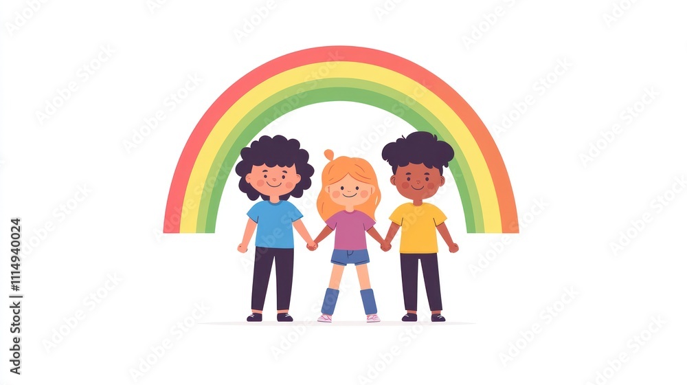 Fototapeta premium Three diverse children standing hand-in-hand under a colorful rainbow.