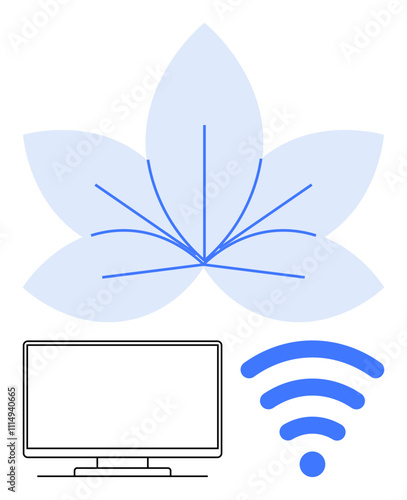 Lotus flower, computer monitor, and wireless signal icons illustrate digital connection and harmony. Ideal for tech, internet services, online education, wellness apps, remote work, communication