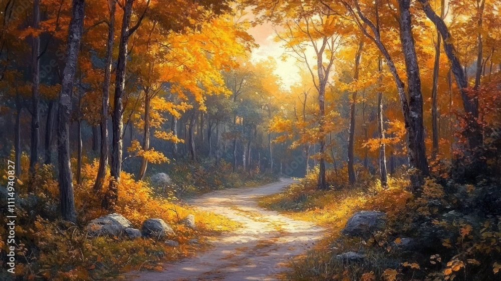 Obraz premium Autumn Forest Path with Sunlight Through Colorful Leaves in Anime Style