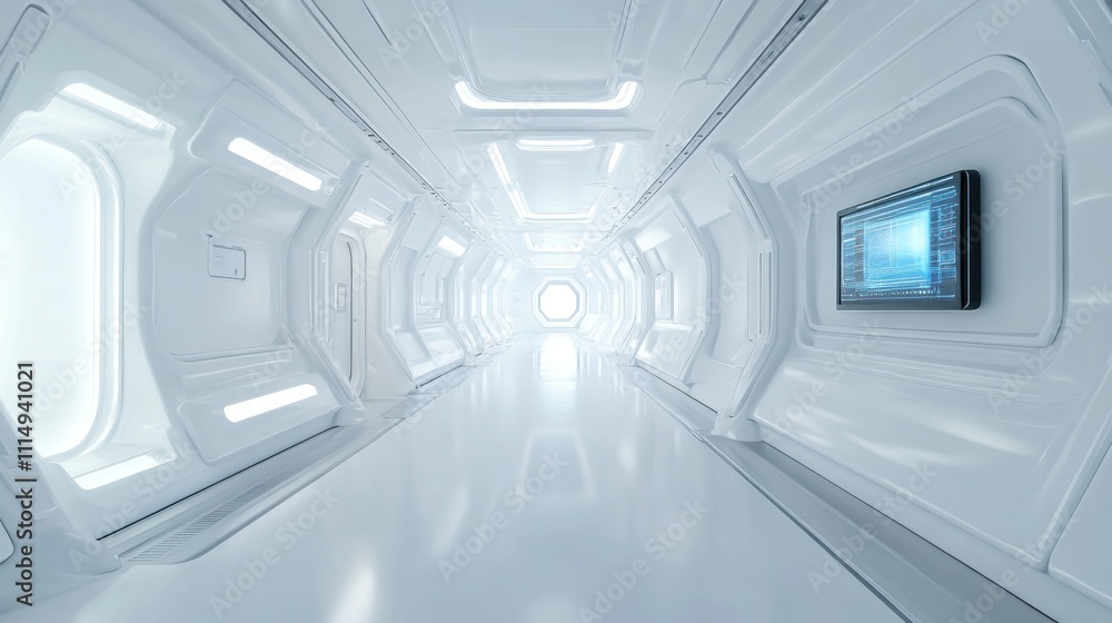 Futuristic Spaceship Corridor: A Sterile and Bright White Interior Futuristic Spaceship Corridor: A Sterile and Bright White Interior