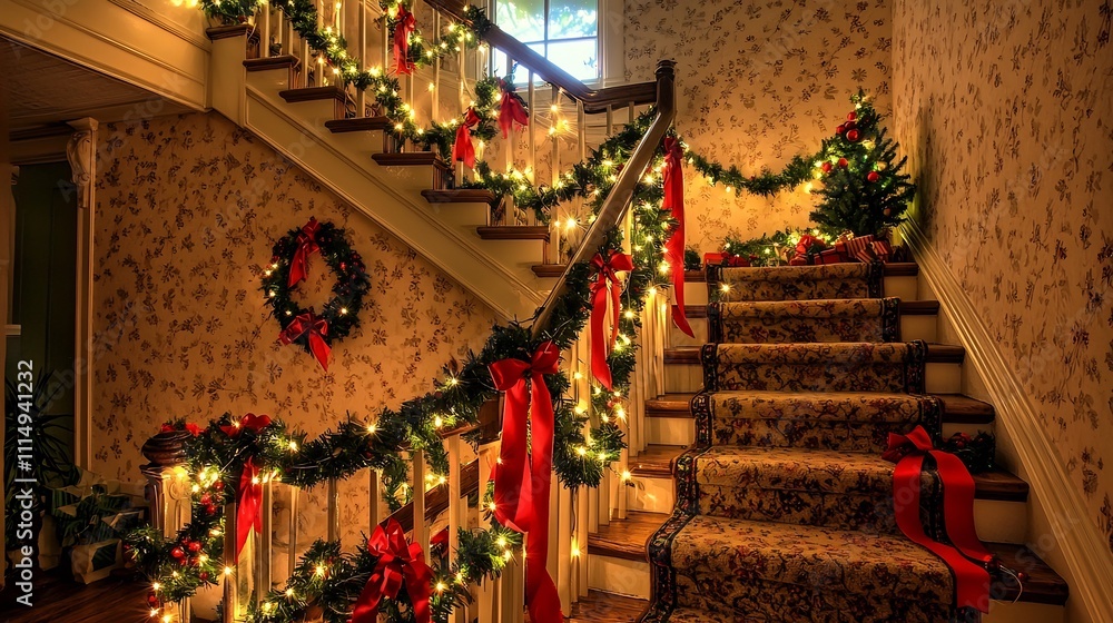 Fototapeta premium Beautifully Decorated Christmas Staircase in a Cozy Home Interior with Garlands Fairy Lights and Ribbons Winding Along the Banister Creating a Warm and Welcoming Atmosphere