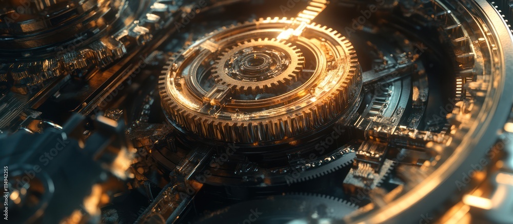Fototapeta premium Close-up of intricate metallic gears showcasing detailed engineering and design.