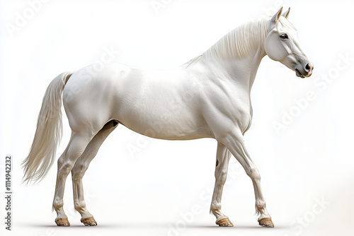 A graceful white horse standing elegantly, mane flowing slightly, centered on a clean white background with soft, natural shadows photo