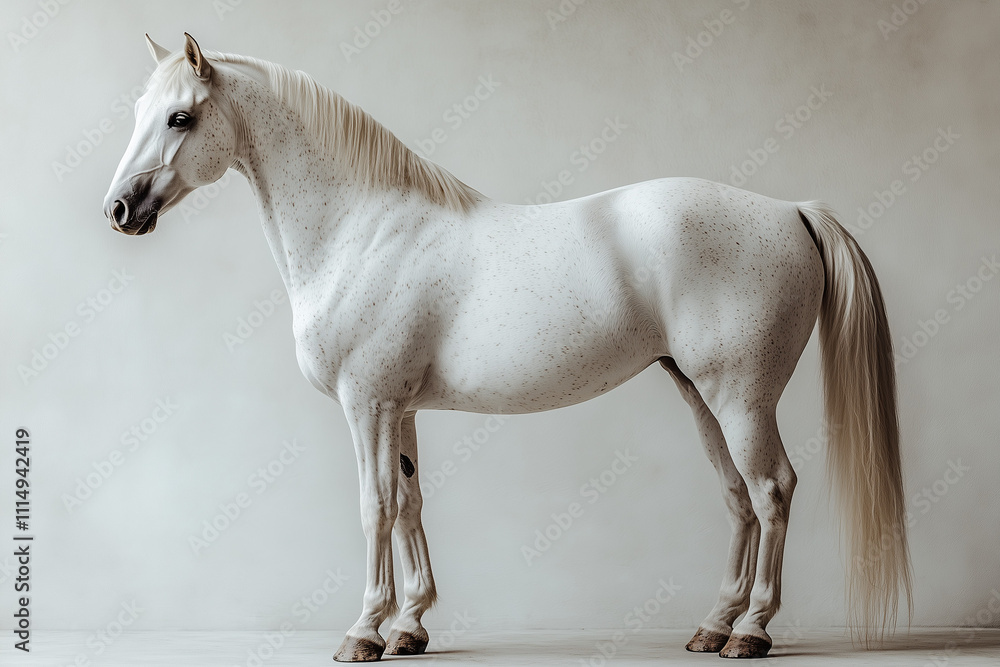 Obraz premium A graceful white horse standing elegantly, mane flowing slightly, centered on a clean white background with soft, natural shadows