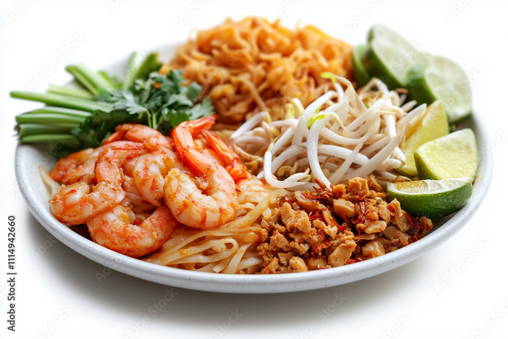 Plate of Pad Thai isolated on white background, popular Thai dish with stir-fried noodles, shrimps, peanut, sprouts, shredded chicken, and garnished with lime slices and fresh herbs. Plate of Pad Thai isolated on white background, popular Thai dish with stir-fried noodles, shrimps, peanut, sprouts, shredded chicken, and garnished with lime slices and fresh herbs.