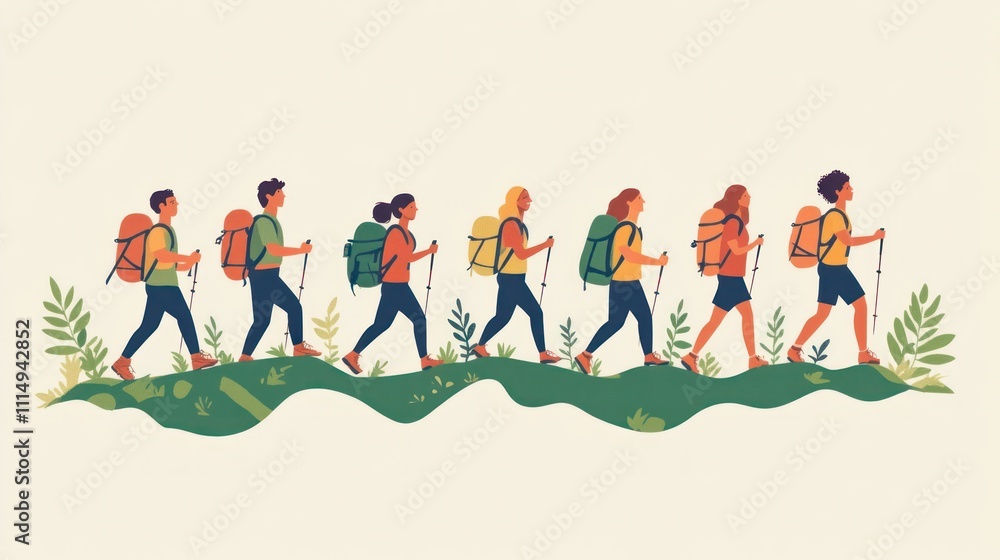 Fototapeta premium A group of seven hikers with backpacks and walking sticks, walking on a hill.
