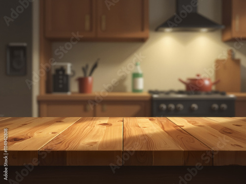 Wood table top on blur kitchen counter (room)background