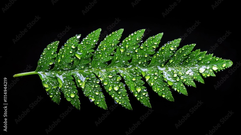 Naklejka premium A close-up of a green fern leaf with droplets of water against a black background.