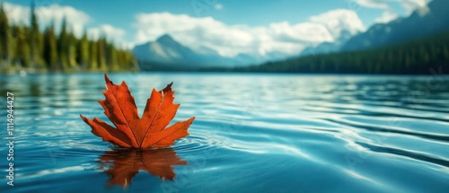 A vibrant red leaf floats on a tranquil lake with mountains and clouds in the background.