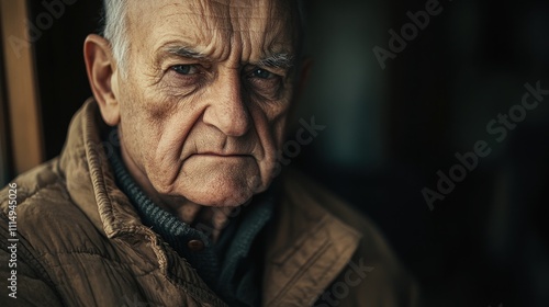 A close-up portrait of an elderly man with a serious expression in a dimly lit environment.
