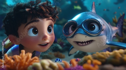 A young boy and a friendly shark explore a vibrant underwater world filled with coral. photo