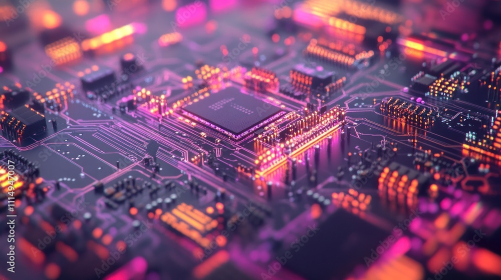 Obraz premium Close-up of a circuit board with glowing components, showcasing intricate technological details.