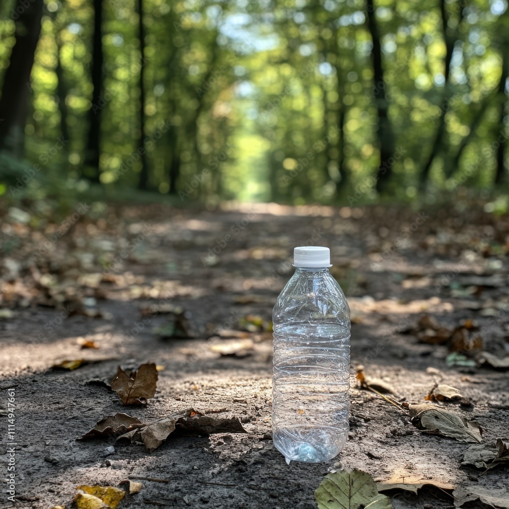 Obraz premium A clear water bottle sits on a dirt path surrounded by autumn leaves, framed by lush green trees, This image is ideal for themes of hydration, nature, sustainability, or outdoor activities,