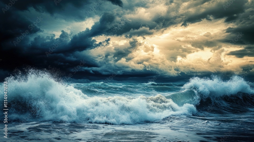 Fototapeta premium Ocean Storm: Dramatic Waves Crashing Under a Turbulent Sky
