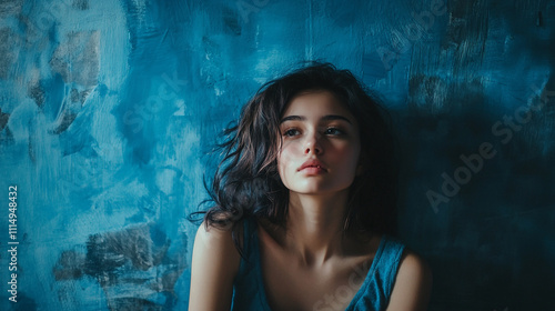Young woman with dark hair poses in front of blue textured wall during soft lighting
