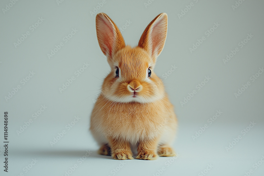 Fototapeta premium A tiny brown rabbit sitting upright, ears alert, in the center of a white background, soft and minimalistic feel