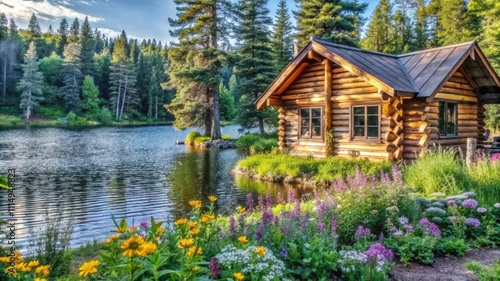 A Log Cabin Nestled by a Serene Lake with Blooming Flowers photo