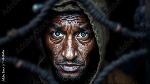 A weathered worker stares piercingly from within a dark setting, symbolizing the struggle and determination of those who work tirelessly under harsh conditions. photo