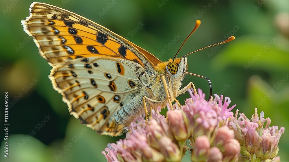 Obraz premium Butterfly feeding on pink flower blossoms in garden