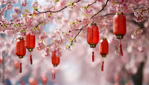 cherry blossom branches with hanging red lanterns
