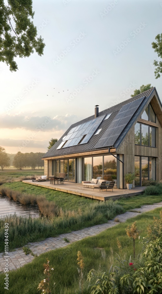 Obraz premium Eco-friendly House With Solar Panels by the Serene Lakeside at Sunset. Generative AI