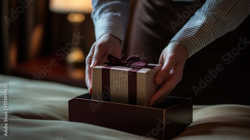 A Person Carefully Placing a Gift into a Box on a Bed in a Dimly Lit Room