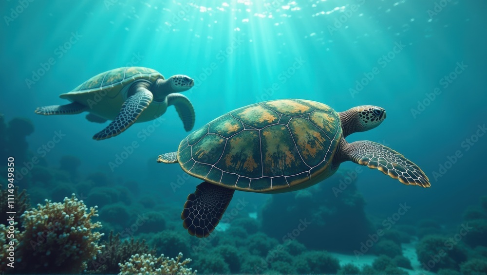 Obraz premium Underwater scene with a sea turtle and school of fish, vibrant coral reef, serene ocean life. Generative, AI.