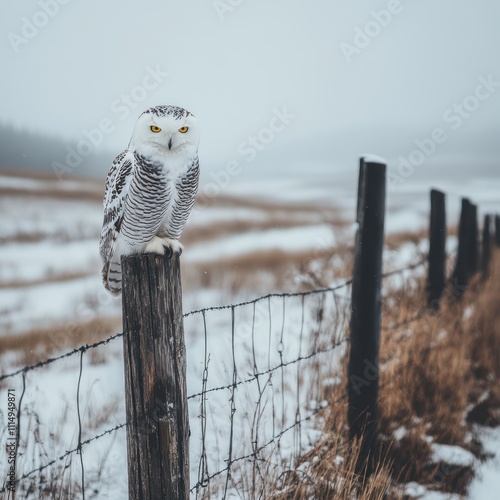 A majestic snowy owl perched on a wooden post in a serene winter landscape, surrounded by gentle snowfall and a barbed wire fence, ideal for nature photography projects or wildlife articles, photo