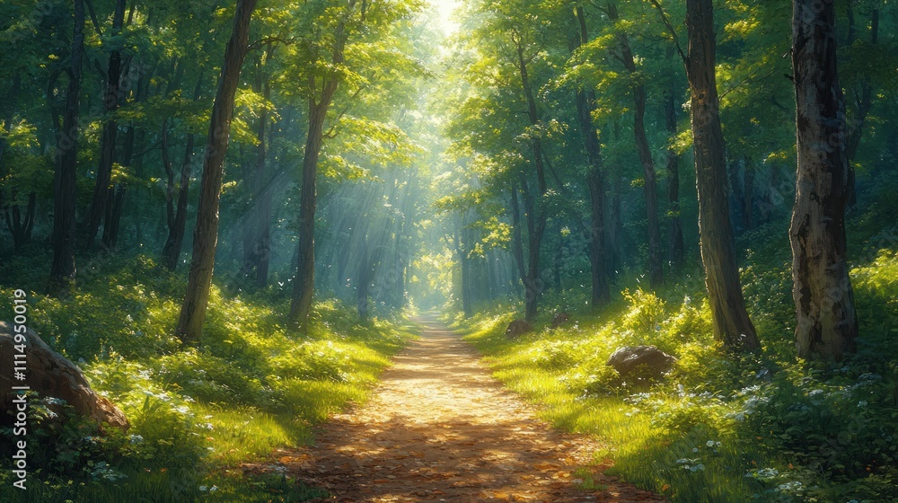 Obraz premium Nature Pathway in Serene Forest Sunlight Walkway Illustration