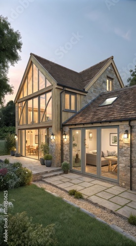 Elegant Barn Conversion Home Extension in the UK Showcasing Modern Design and Natural Surroundings. Generative AI