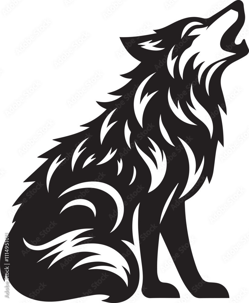 Fototapeta premium A wolf in a crouched howling pose with its head turned to the side black vector silhouette
