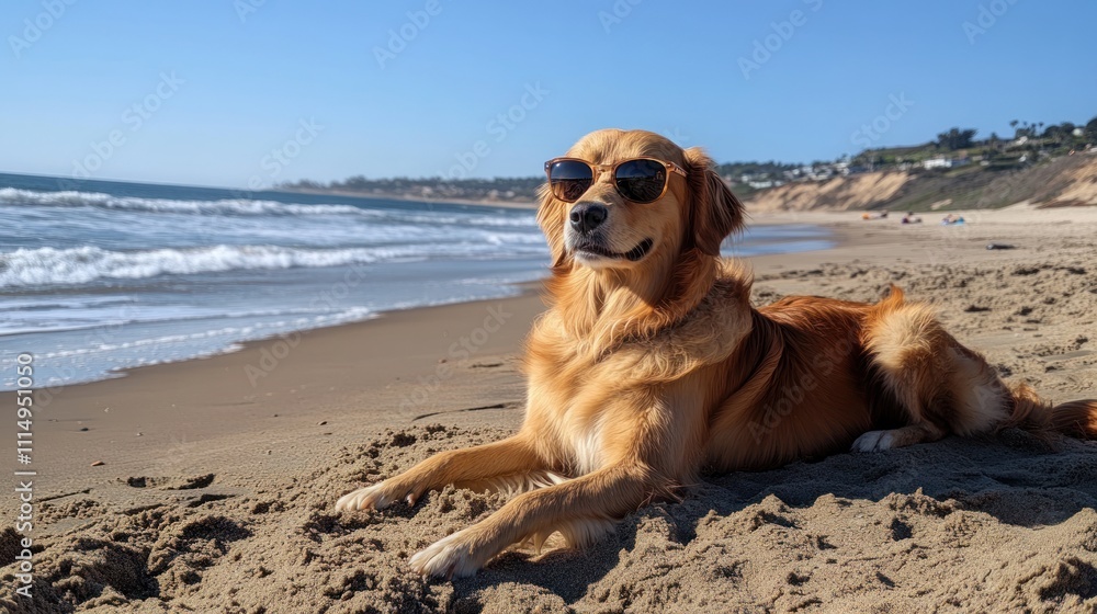 Dog wearing sunglasses relaxing on a beach Dog wearing sunglasses relaxing on a beach