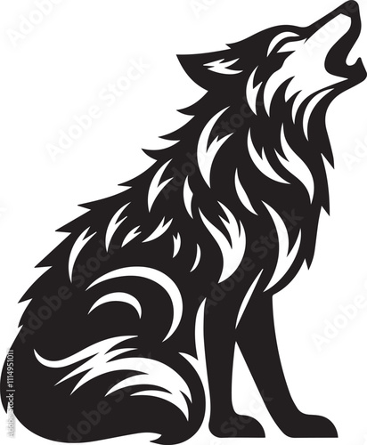 A wolf in a crouched howling pose with its head turned to the side black vector silhouette