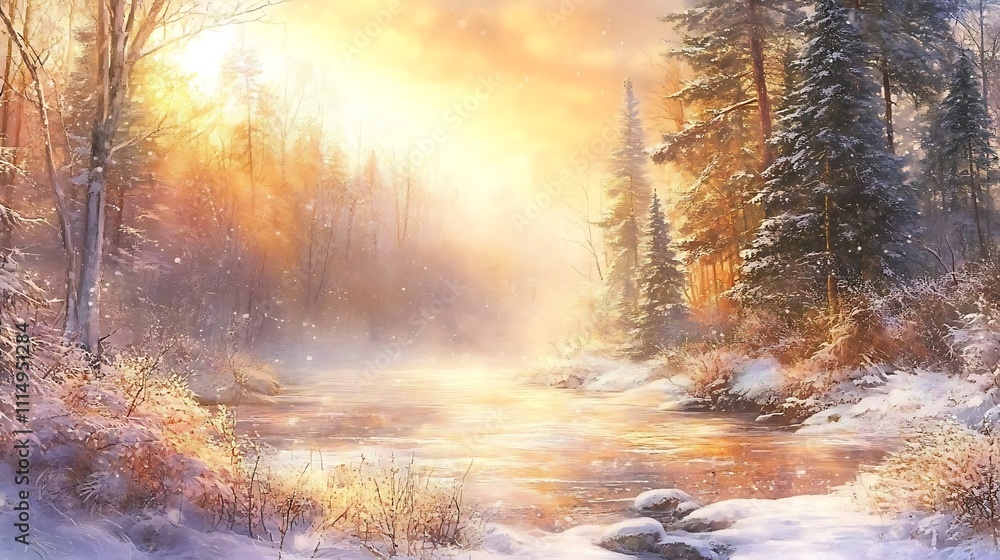 Winter Sunset River Scene Snow Covered Trees Winter Sunset River Scene Snow Covered Trees