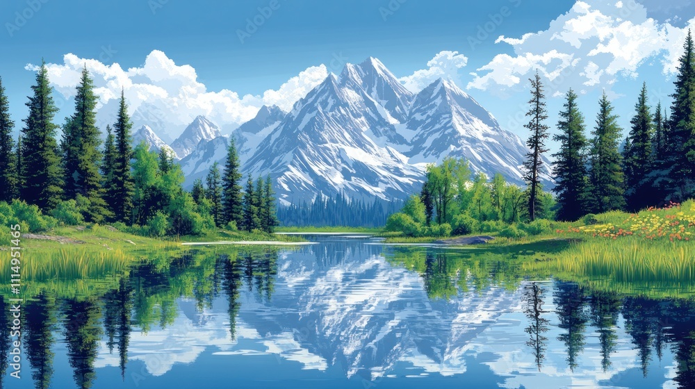 A tranquil lake reflects the majestic snow-capped mountains under a bright blue sky. A tranquil lake reflects the majestic snow-capped mountains under a bright blue sky.