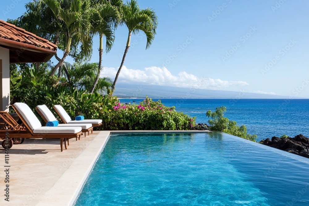 Obraz premium Infinity pool overlooking ocean, tropical landscape.