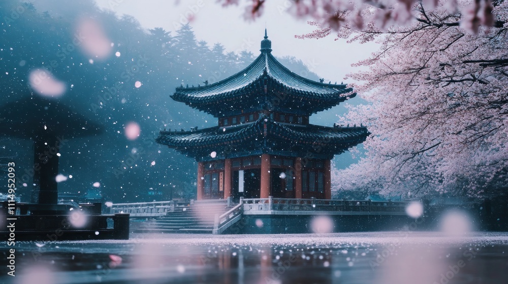 Fototapeta premium A traditional Asian temple with a tiered roof stands amidst a serene landscape, with snow falling gently and cherry blossoms blooming in the background.