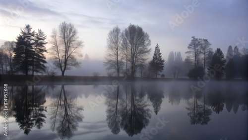 Misty Morning Reflections of Trees on a Still Lake