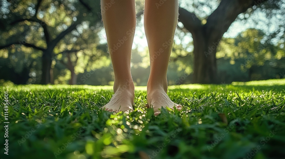Barefoot woman standing on green grass in a park with trees and sunshine. Barefoot woman standing on green grass in a park with trees and sunshine.