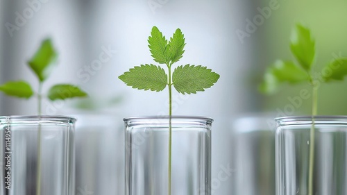 A close-up of small green plants growing in glass test tubes, symbolizing growth, nature, and scientific study in a serene environment.