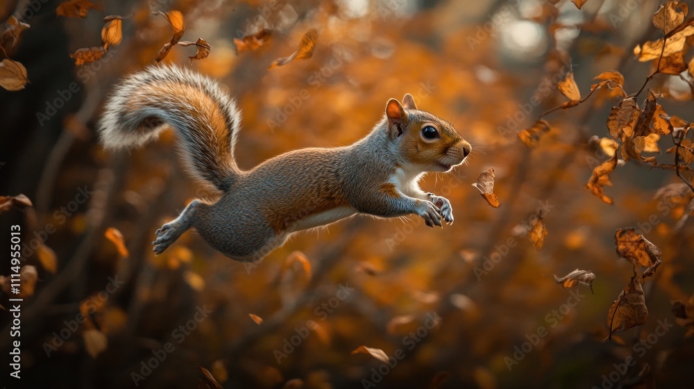 Fototapeta premium A squirrel leaps through autumn leaves in a vibrant forest scene.
