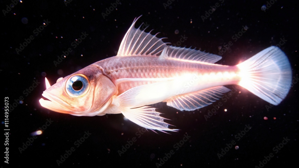 A Pink and White Fish with a Blue Eye Swimming in Dark Water A Pink and White Fish with a Blue Eye Swimming in Dark Water
