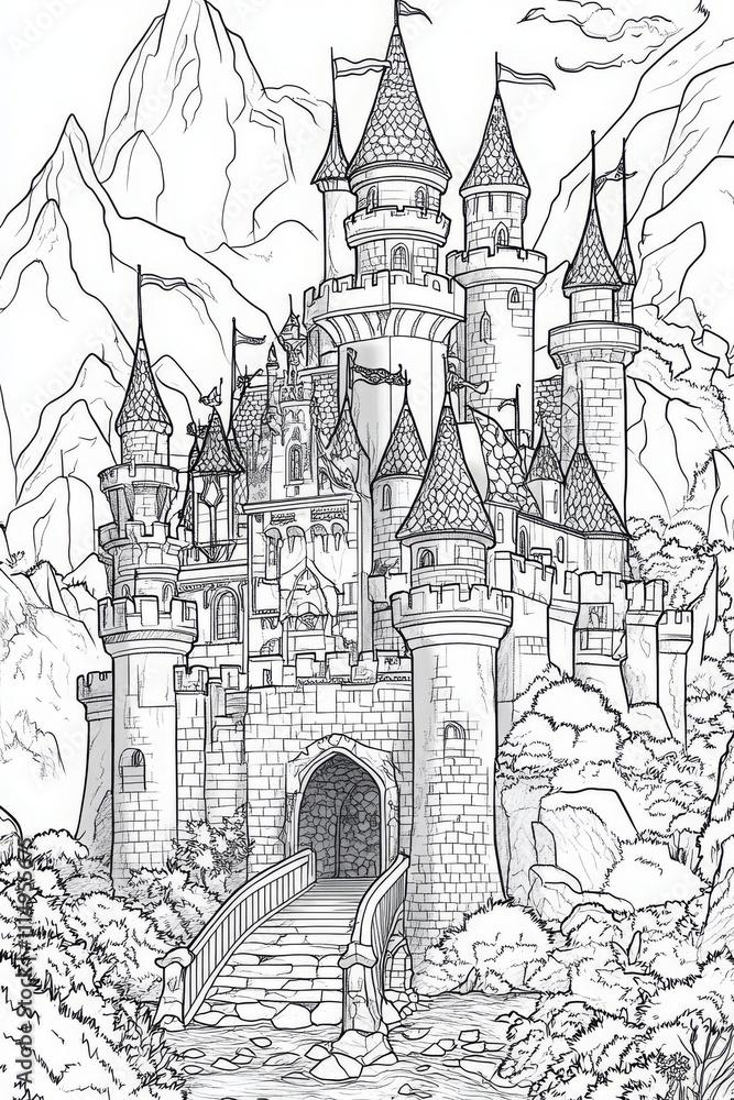 Fototapeta premium Enchanted Castle Coloring Page for Fairy Tales