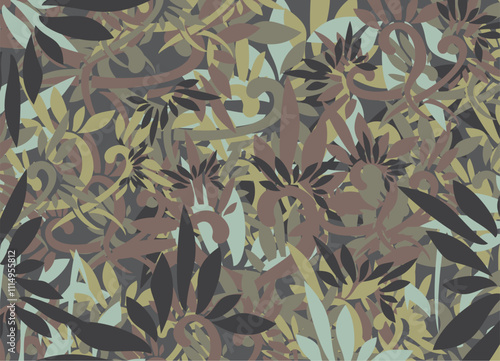 Camouflage backdrop with snakes and floral or plant elements. Dark tropical motifs for business concepts, covers, scrapbooking, interior solutions, tiles, prints, posters, fashion trends or fabrics