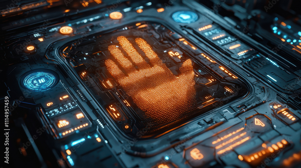 Obraz premium Fingerprint scan hologram concept. glowing digital fingerprint hologram on futuristic interface