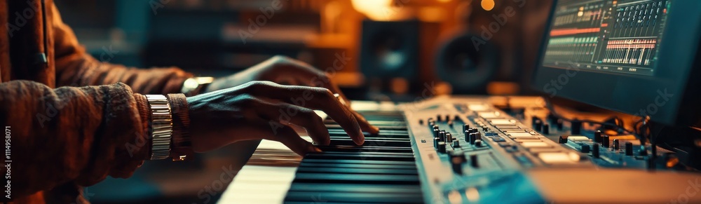 Obraz premium Close-up of hands playing a keyboard in a music studio.