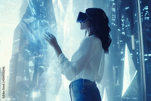 A woman wearing a virtual reality headset interacts with a futuristic digital interface. photo