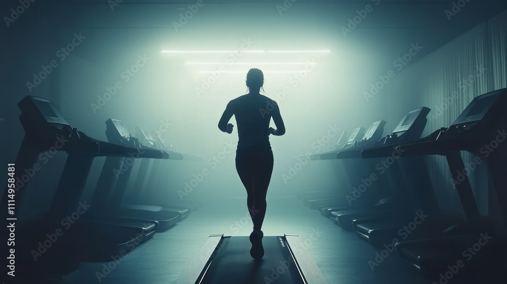 Fototapeta premium Silhouette of a woman running on a treadmill in a dark gym.